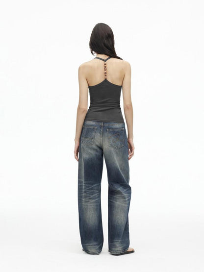 AFTADAWN Cropped Backless Beaded Ruched U Neck Slim Women&