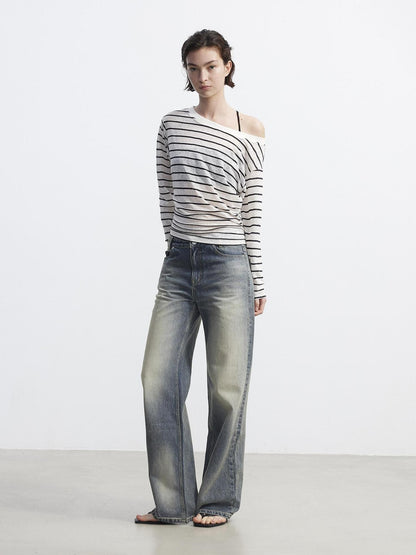 AFTADAWN Cropped Colorblock Stripe Boat Neck Women&
