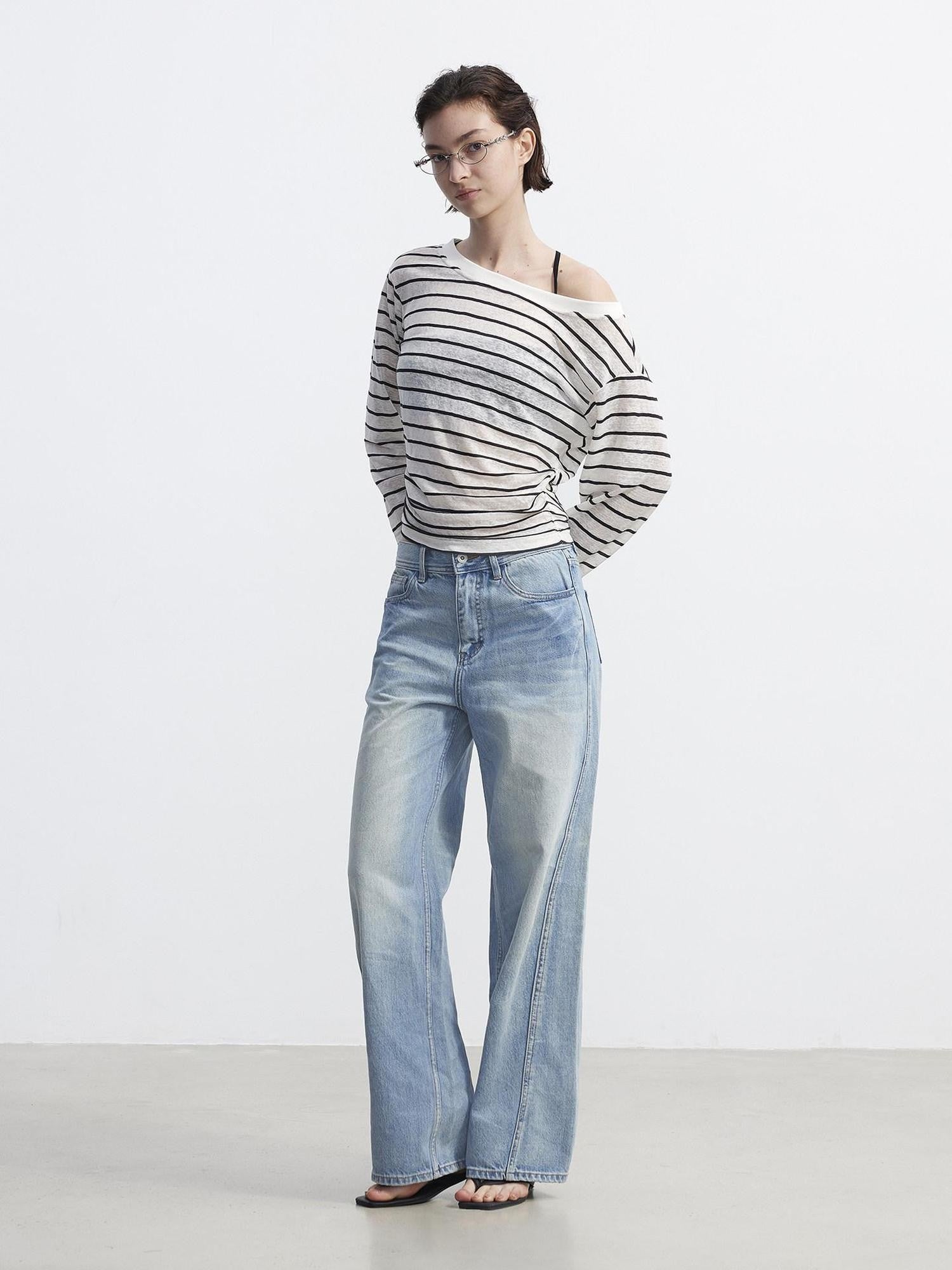 AFTADAWN Cropped Colorblock Stripe Boat Neck Women&