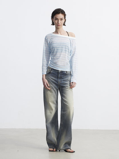 AFTADAWN Cropped Colorblock Stripe Boat Neck Women&