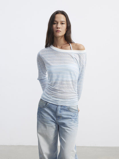 AFTADAWN Cropped Colorblock Stripe Boat Neck Women&