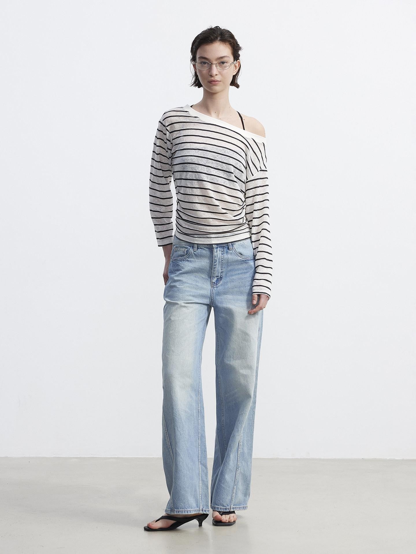 AFTADAWN Cropped Colorblock Stripe Boat Neck Women&