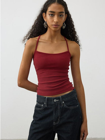 AFTADAWN Cropped Cross Back Beaded Ribbed Slim Women&