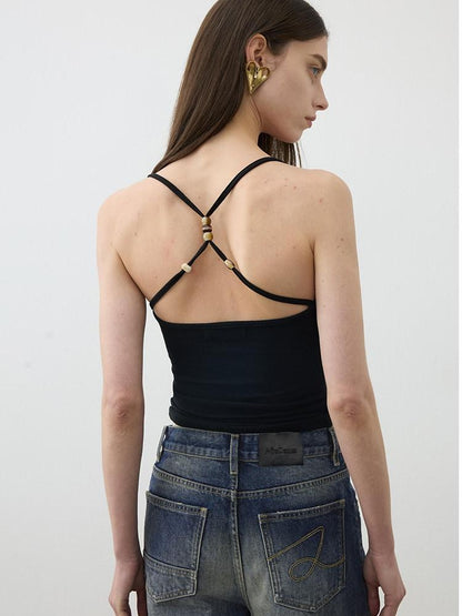 AFTADAWN Cropped Cross Back Beaded Ribbed Slim Women&