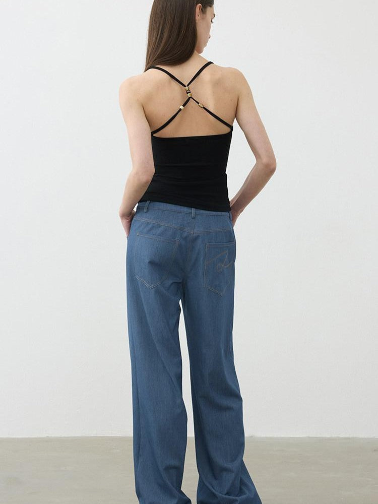 AFTADAWN Cropped Cross Back Beaded Ribbed Slim Women&