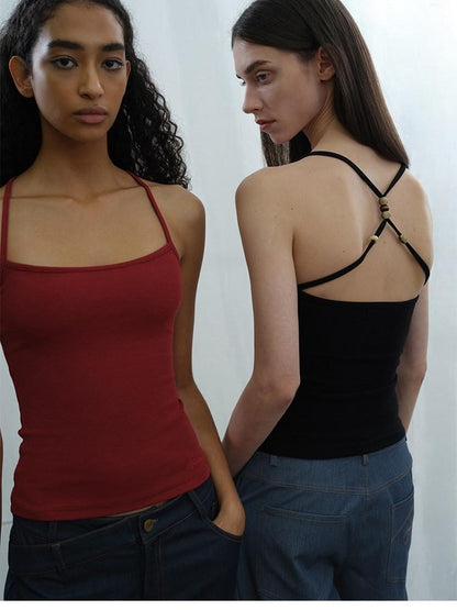 AFTADAWN Cropped Cross Back Beaded Ribbed Slim Women&