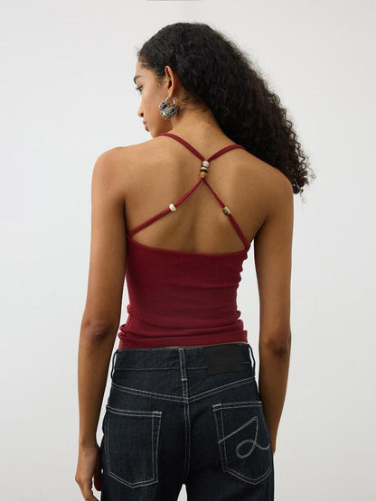 AFTADAWN Cropped Cross Back Beaded Ribbed Slim Women&