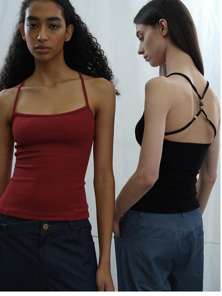 AFTADAWN Cropped Cross Back Beaded Ribbed Slim Women&