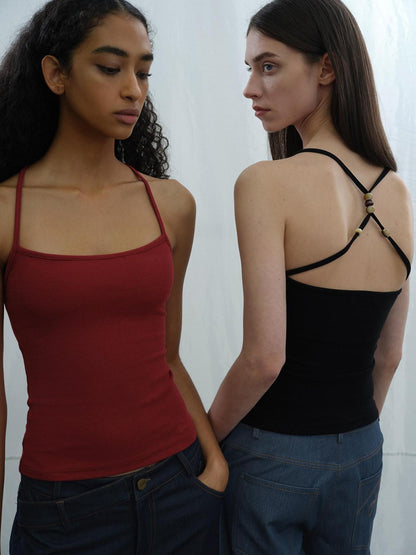 AFTADAWN Cropped Cross Back Beaded Ribbed Slim Women&