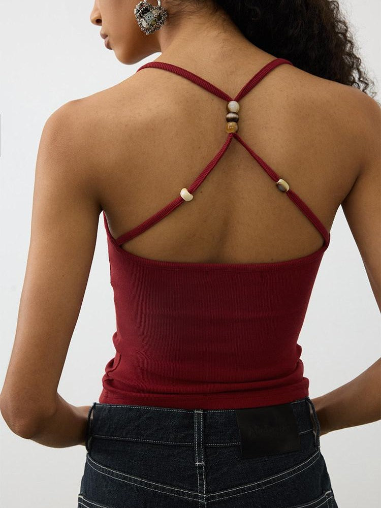 AFTADAWN Cropped Cross Back Beaded Ribbed Slim Women&
