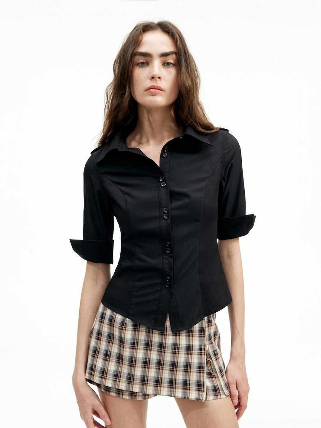 AFTADAWN Cropped Embroidered Polo Collar Mid Sleeve Waist Cinched Women&