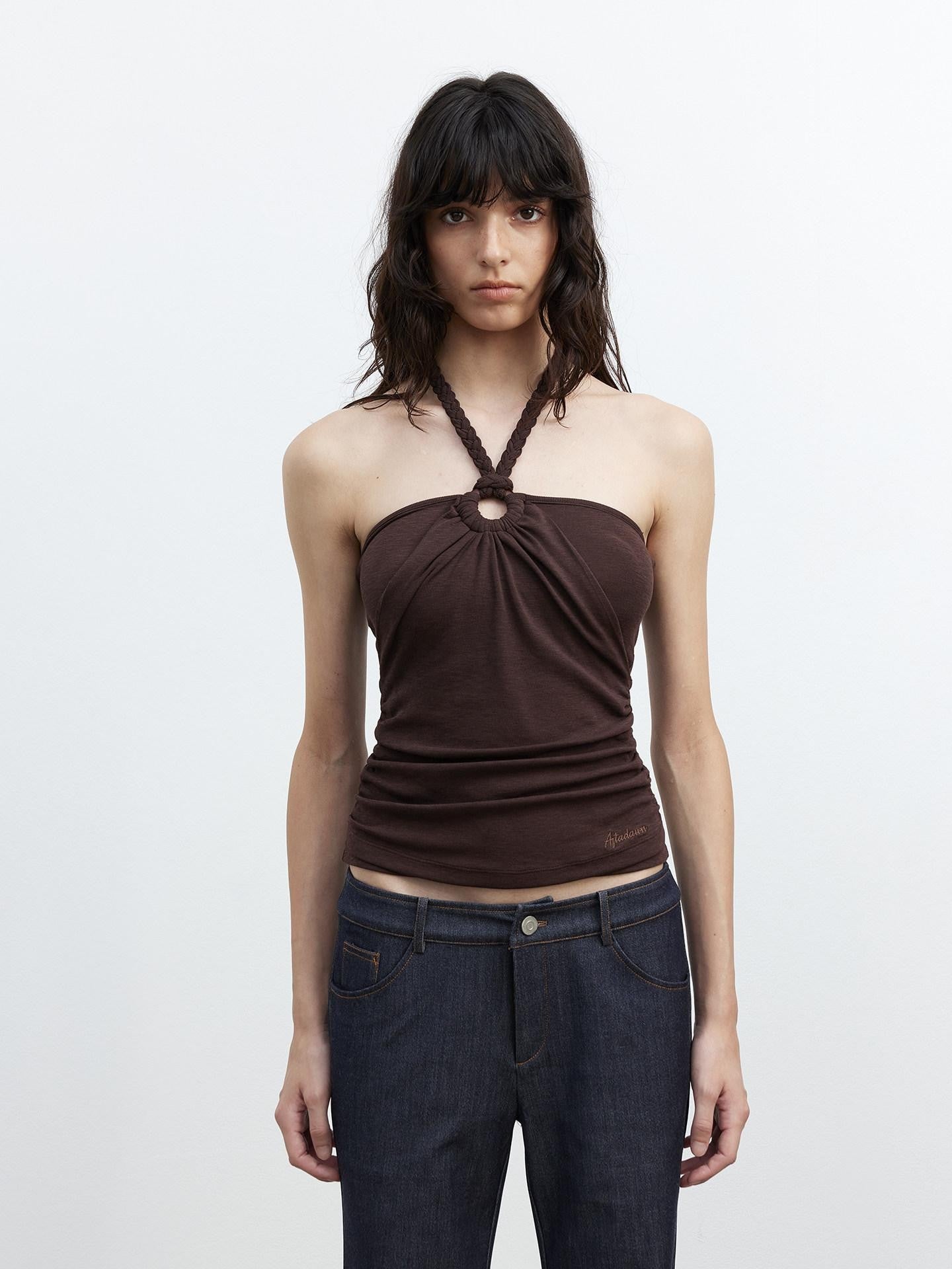 AFTADAWN Cropped Fitted Braided Rope Tie Open Back Women&
