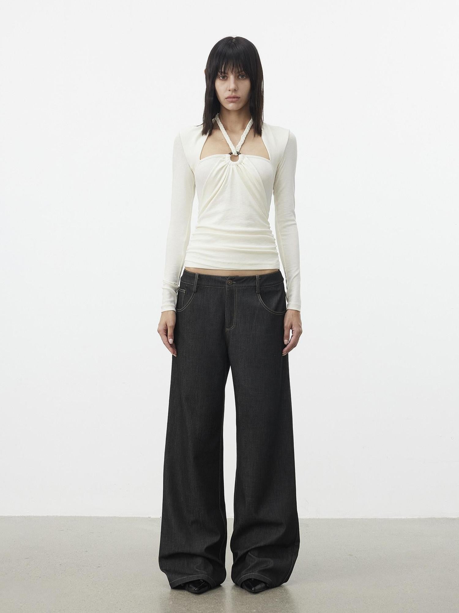 AFTADAWN Cropped Layered Knit Halter Tie Square Neck Women&