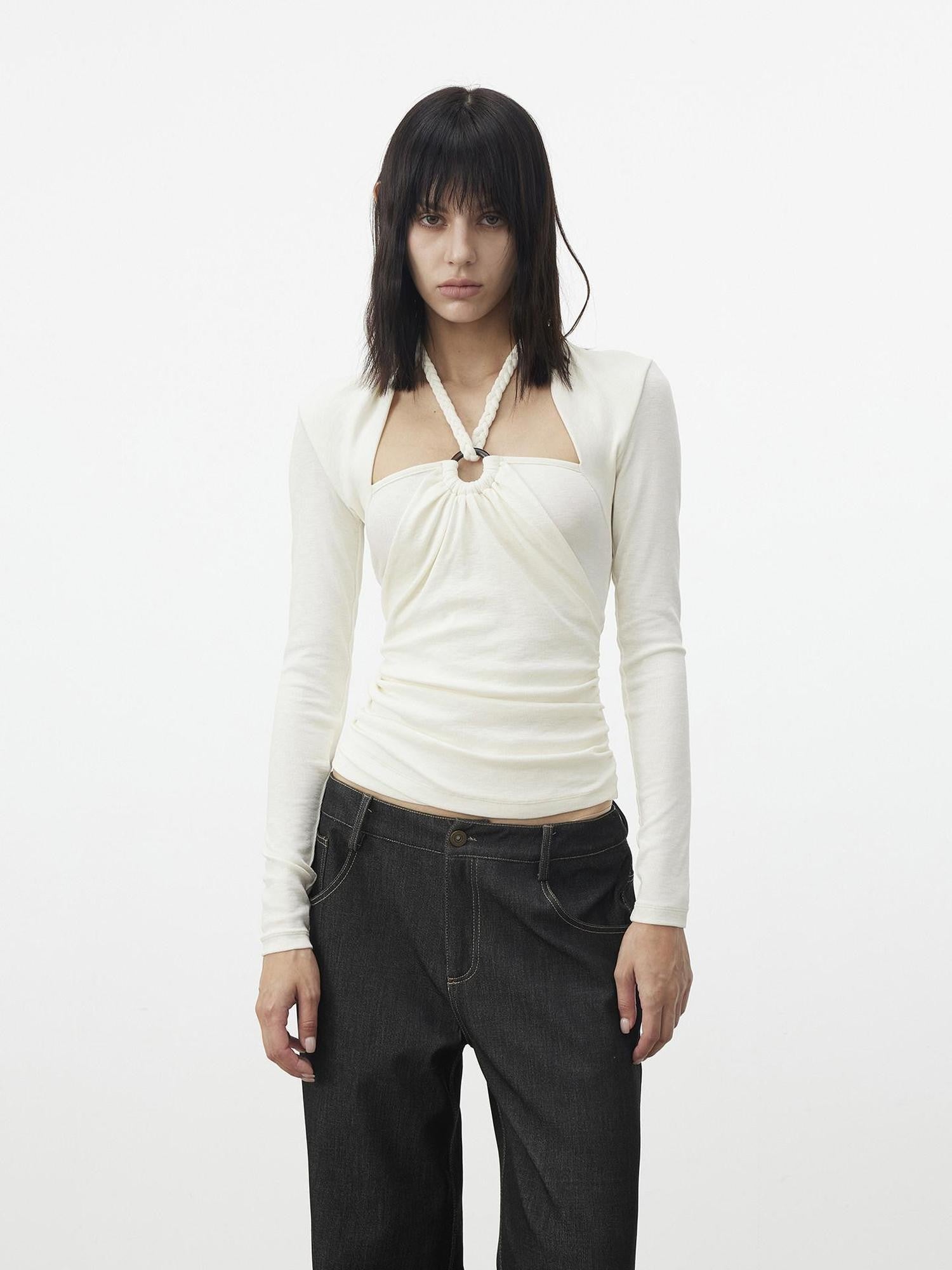 AFTADAWN Cropped Layered Knit Halter Tie Square Neck Women&