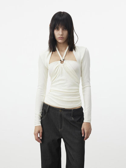 AFTADAWN Cropped Layered Knit Halter Tie Square Neck Women&