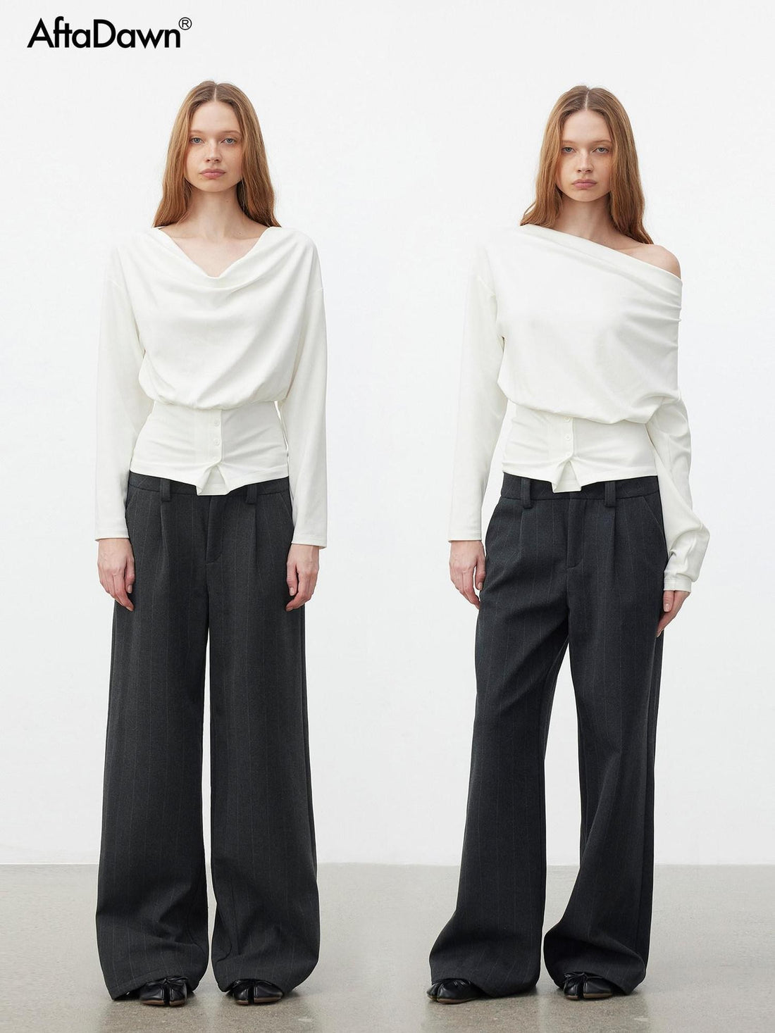 AFTADAWN Cropped Pleated Three Button Draped Neck Women&