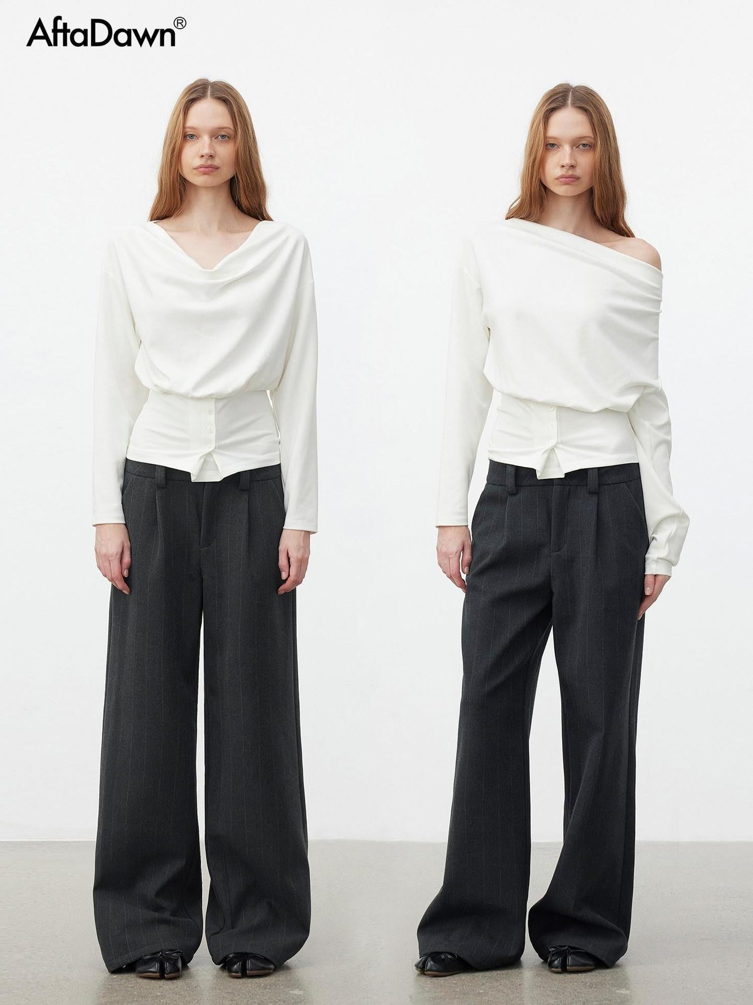 AFTADAWN Cropped Pleated Three Button Draped Neck Women&