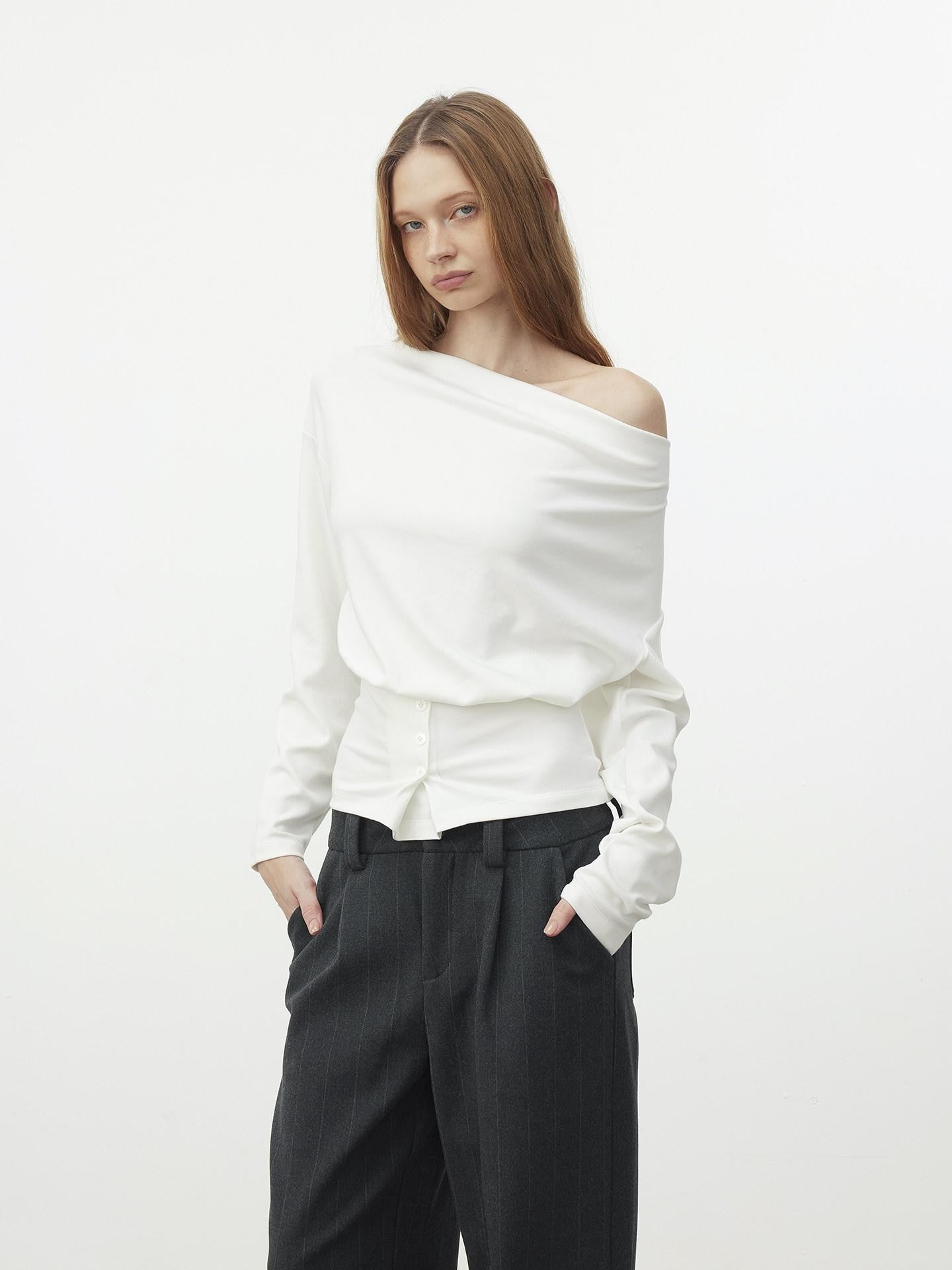 AFTADAWN Cropped Pleated Three Button Draped Neck Women&