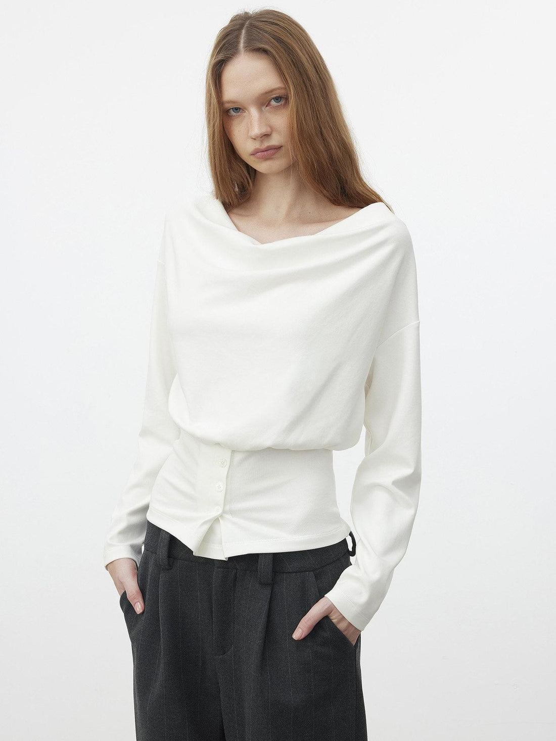 AFTADAWN Cropped Pleated Three Button Draped Neck Women&