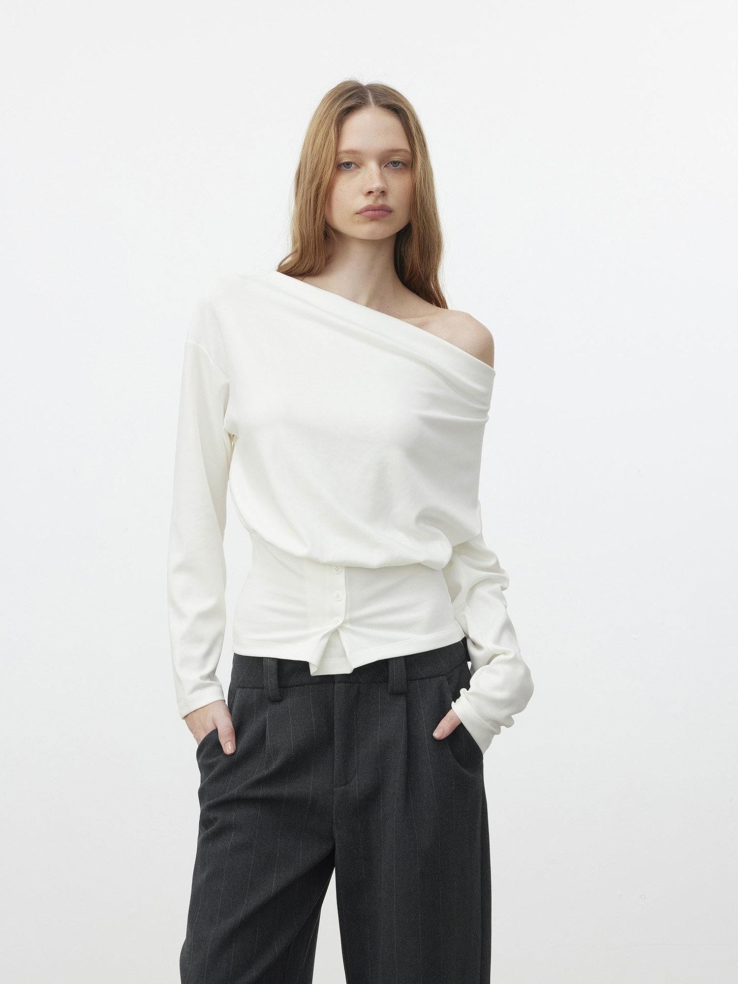 AFTADAWN Cropped Pleated Three Button Draped Neck Women&