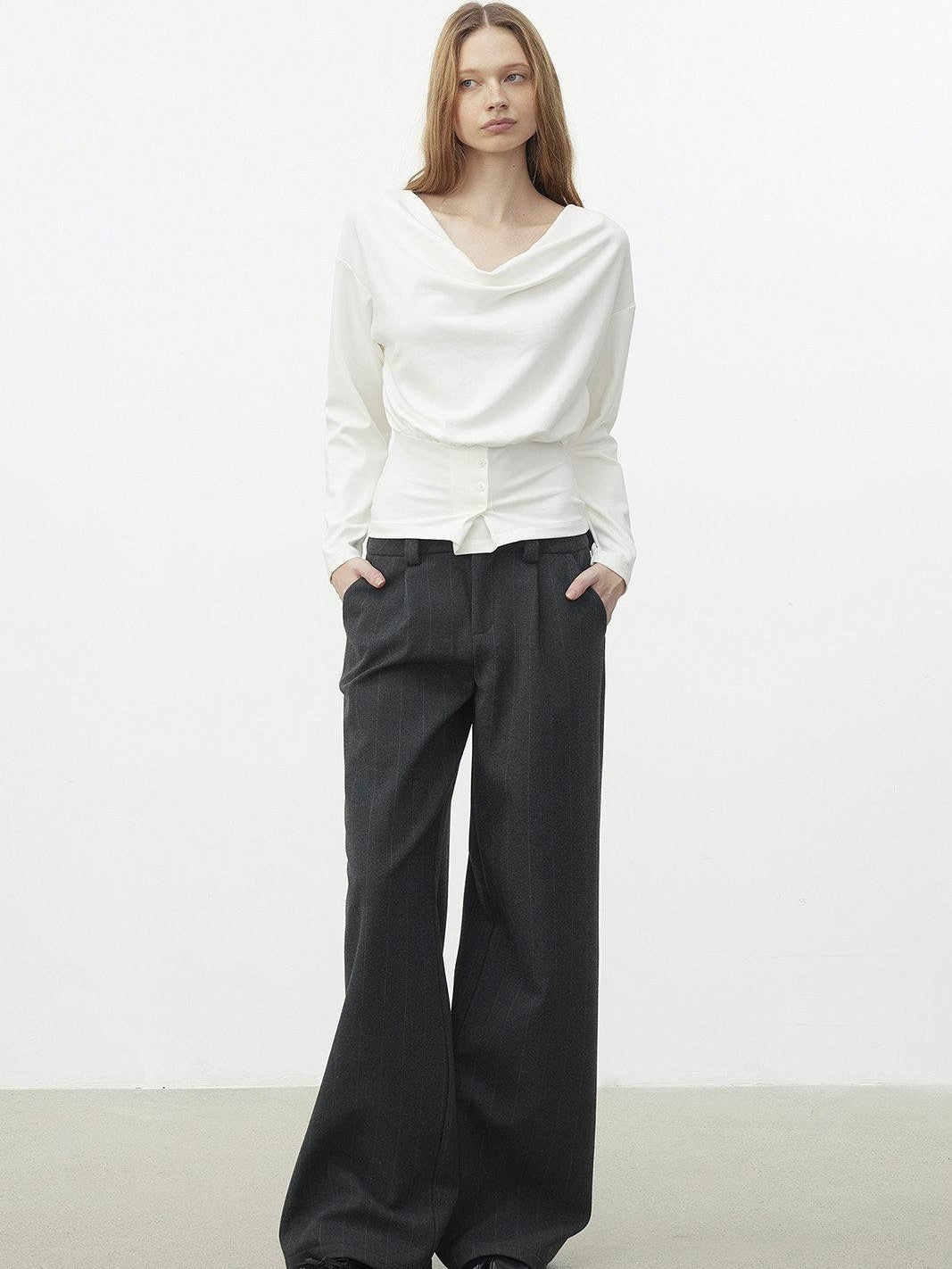 AFTADAWN Cropped Pleated Three Button Draped Neck Women&