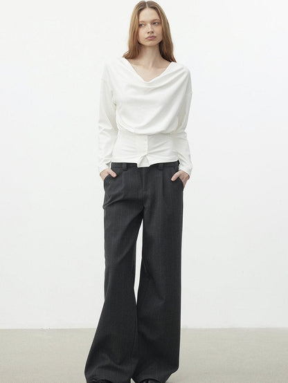 AFTADAWN Cropped Pleated Three Button Draped Neck Women&