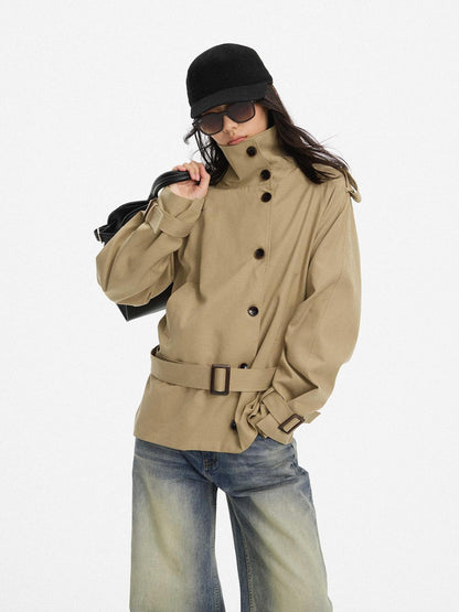 AFTADAWN Cropped Single Breasted Structured Lapel Khaki Women&
