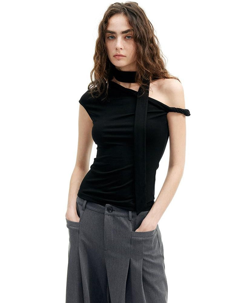 AFTADAWN Cropped Twist Knot Tie Asymmetric Neck Women&