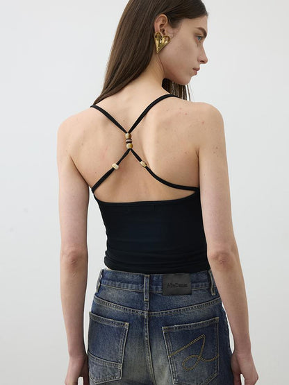 AFTADAWN Cross Back Beaded Ribbed Tank Top