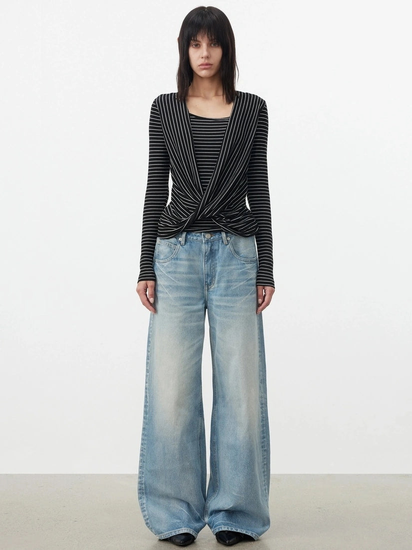 AFTADAWN Cross Over Draped Neck Layered Top T-shirt