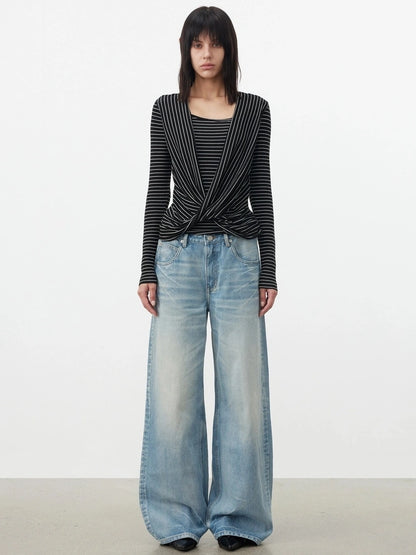 AFTADAWN Cross Over Draped Neck Layered Top T-shirt