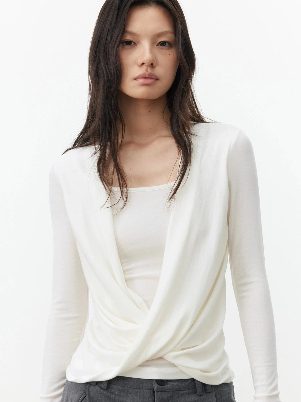 AFTADAWN Cross Over Draped Neck Layered Top T-shirt