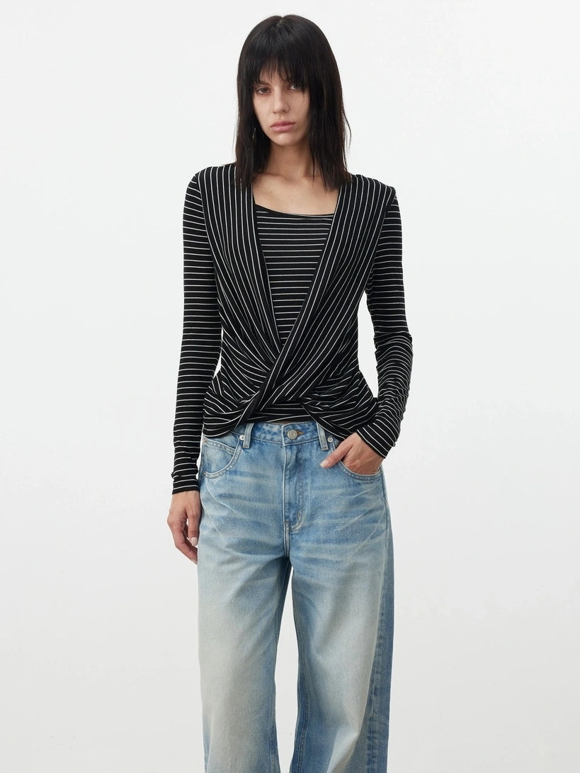 AFTADAWN Cross Over Draped Neck Layered Top T-shirt