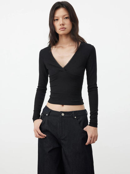 AFTADAWN Cross V-neck Lace Trimmed Stretch Top T-shirt