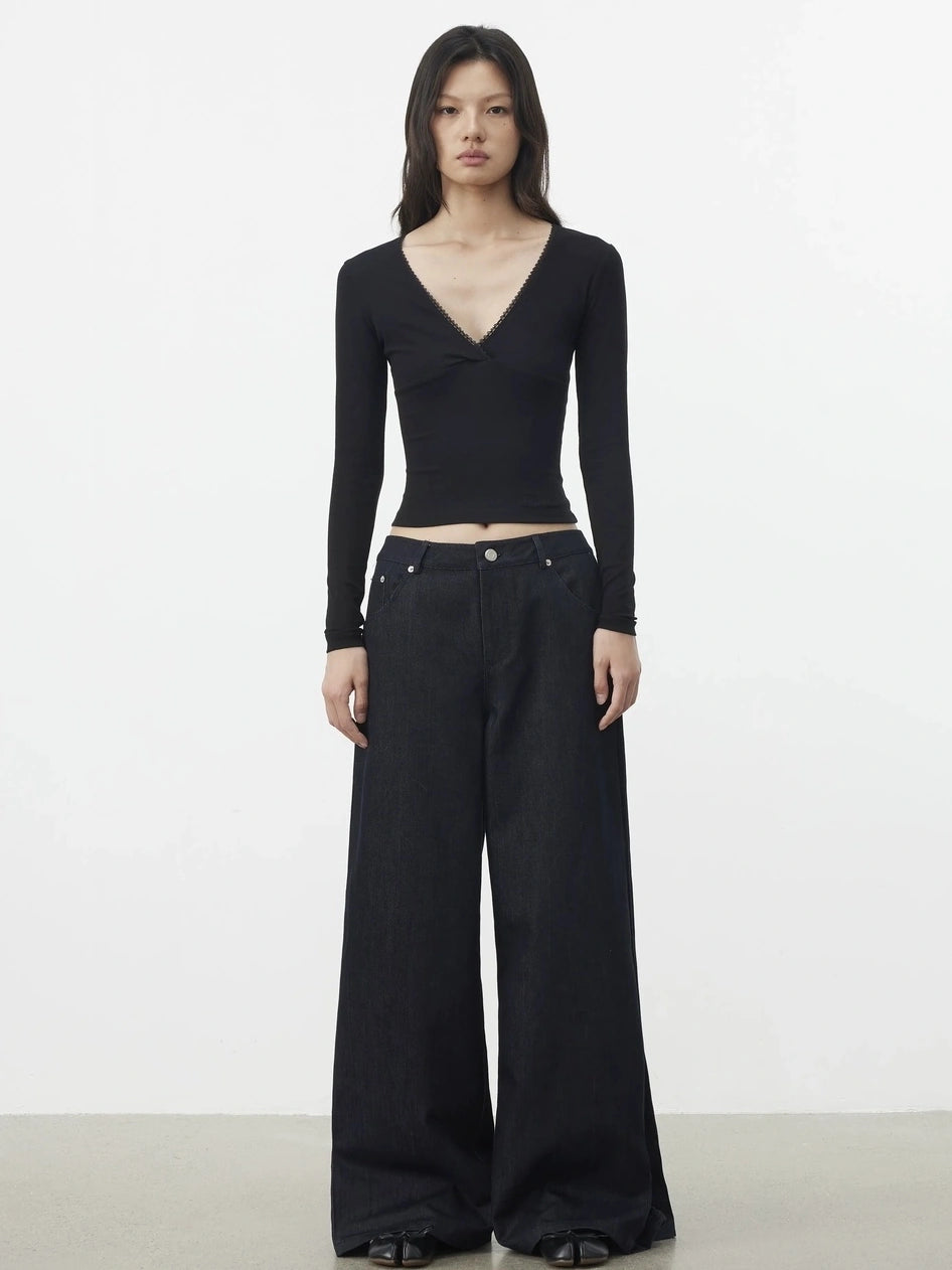 AFTADAWN Cross V-neck Lace Trimmed Stretch Top T-shirt