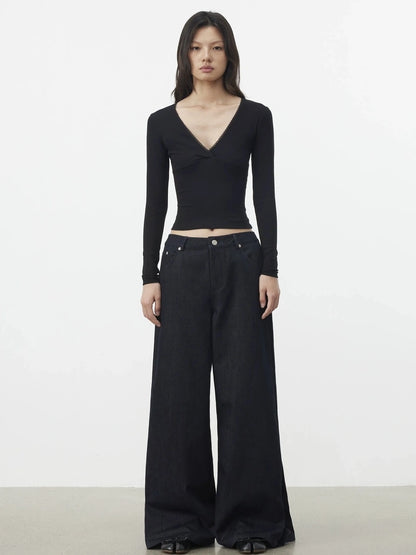 AFTADAWN Cross V-neck Lace Trimmed Stretch Top T-shirt