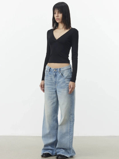 AFTADAWN Cross V-neck Lace Trimmed Stretch Top T-shirt