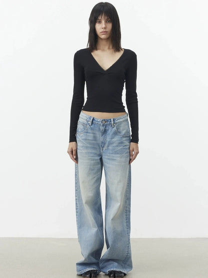 AFTADAWN Cross V-neck Lace Trimmed Stretch Top T-shirt