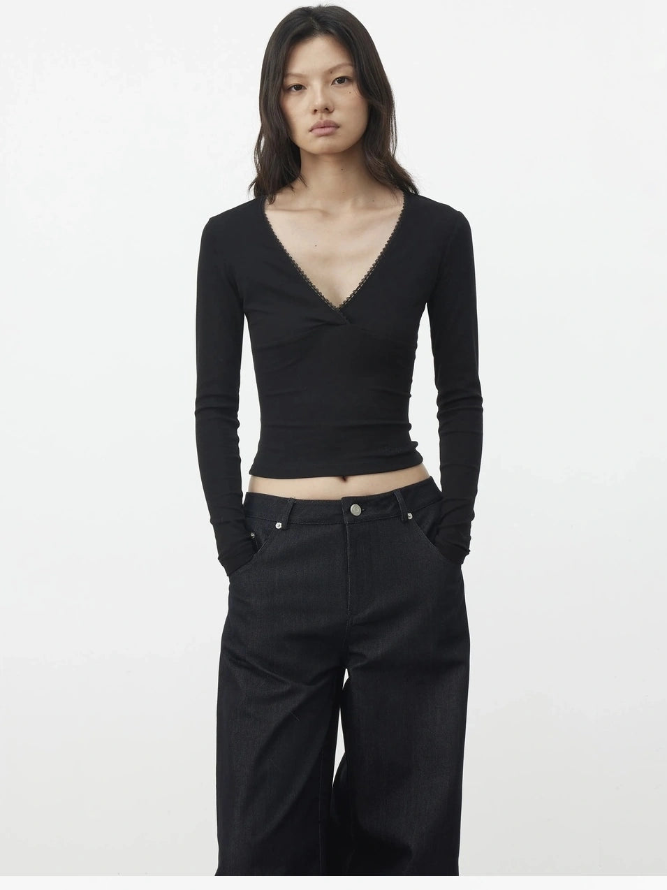 AFTADAWN Cross V-neck Lace Trimmed Stretch Top T-shirt