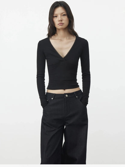 AFTADAWN Cross V-neck Lace Trimmed Stretch Top T-shirt