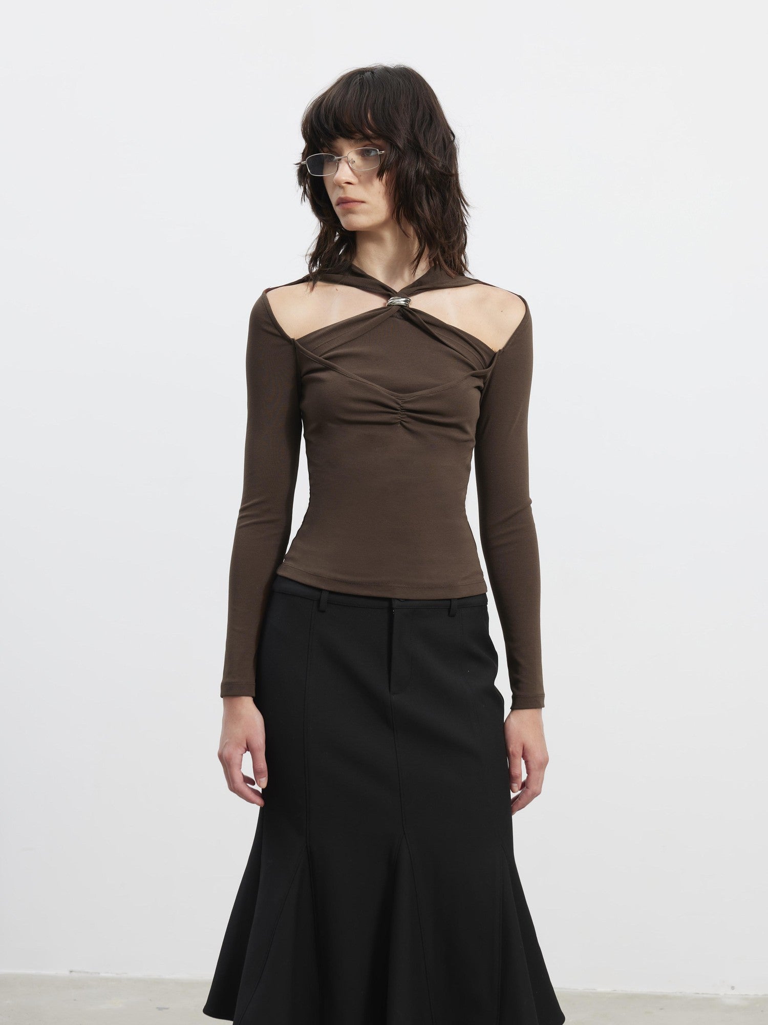 AFTADAWN Cutout Ruched Twist Knot Halter Metal Ring Women&