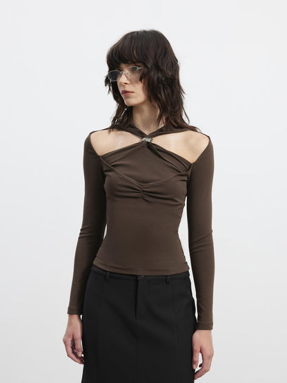 AFTADAWN Cutout Ruched Twist Knot Halter Metal Ring Women&