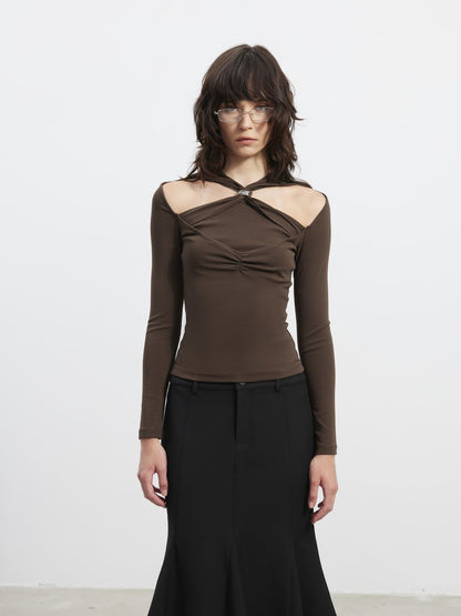 AFTADAWN Cutout Ruched Twist Knot Halter Metal Ring Women&