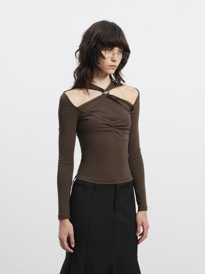 AFTADAWN Cutout Ruched Twist Knot Halter Metal Ring Women&