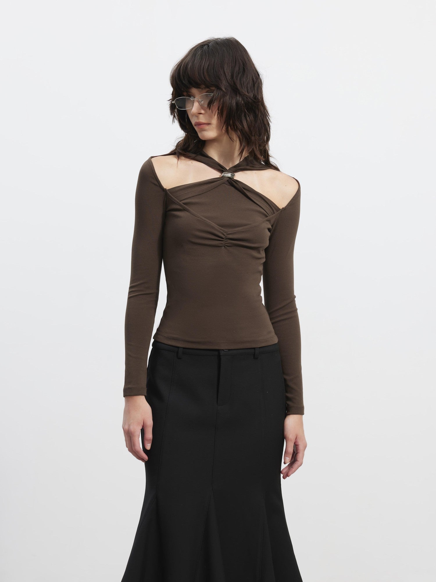 AFTADAWN Cutout Ruched Twist Knot Halter Metal Ring Women&