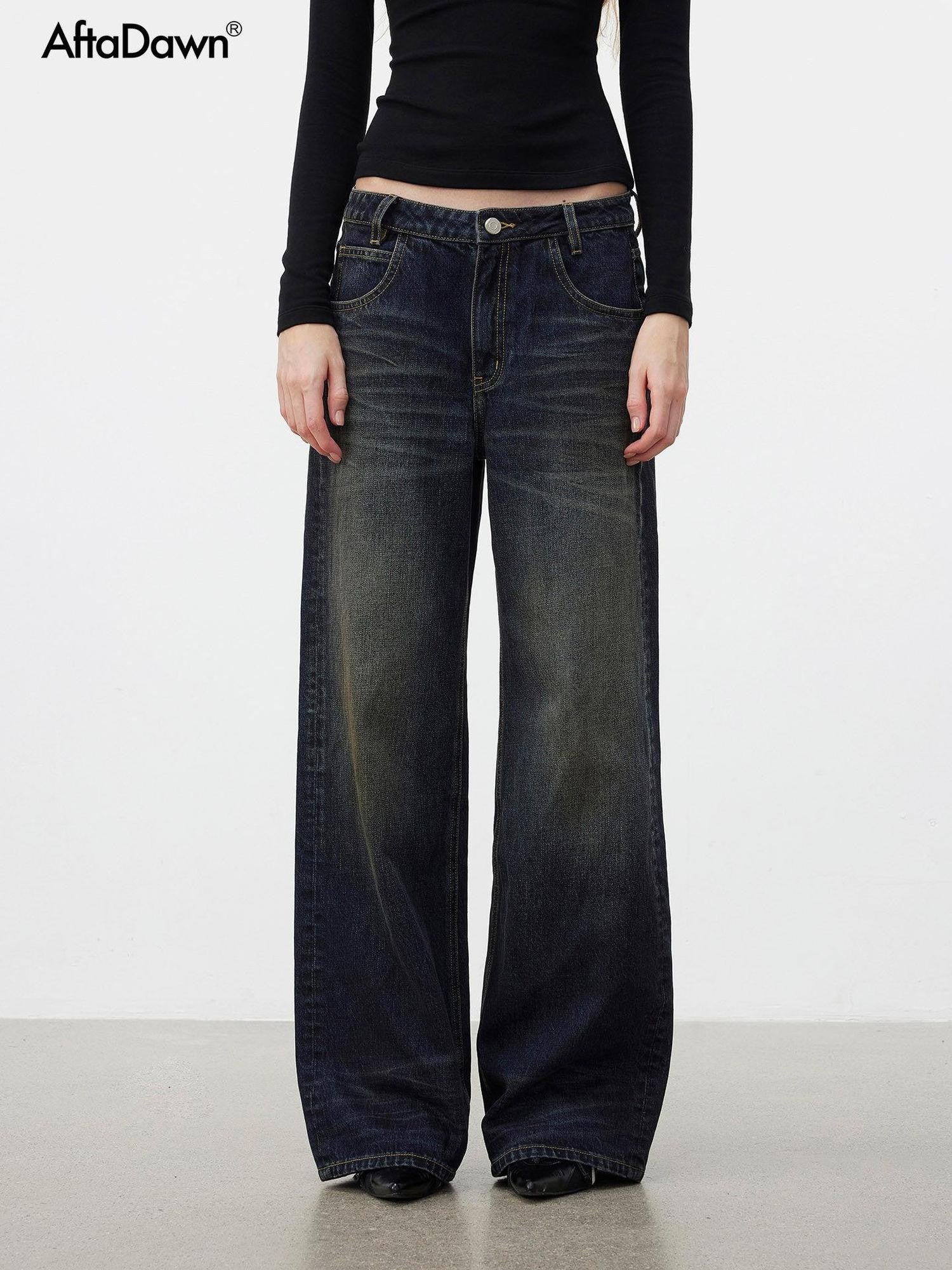 AFTADAWN Dark Blue Distressed Washed Women&