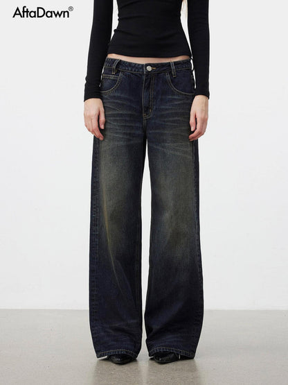AFTADAWN Dark Blue Distressed Washed Women&