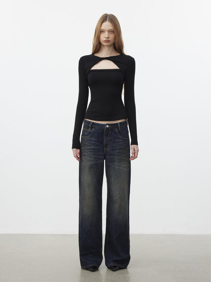 AFTADAWN Dark Blue Distressed Washed Women&