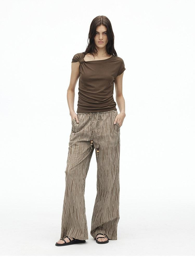 AFTADAWN Dark Blue Knotted Slanted Shoulder Slim Fit Women&