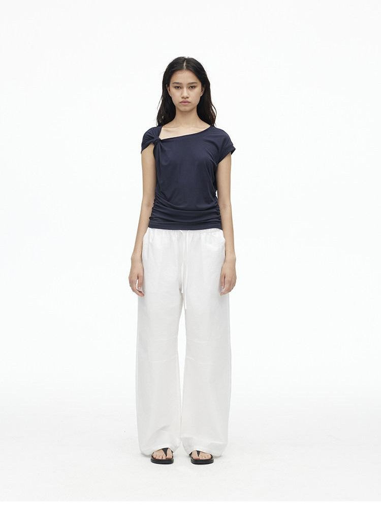 AFTADAWN Dark Blue Knotted Slanted Shoulder Slim Fit Women&